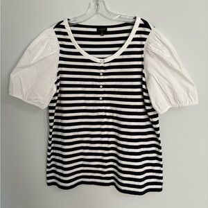 Talbots Black White Cotton Striped Short Puff Sleeve Scoop Neck Chic Blouse 1X